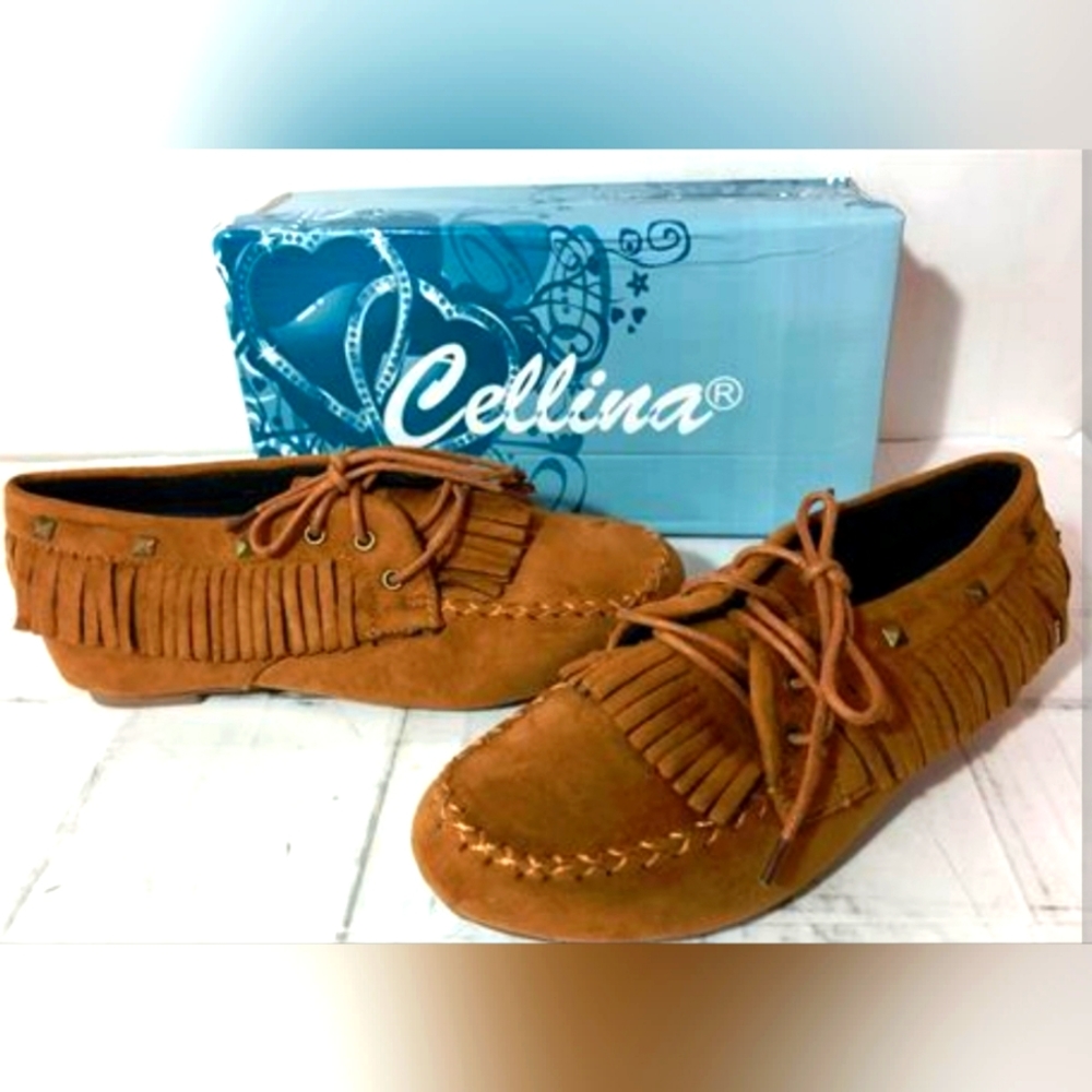 Cellina Women's Faux Suede Fringe Shoes,Camel